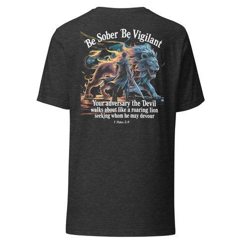 Be Sober Be Vigilant Lion (Back) Christian Bible Verse T-Shirt